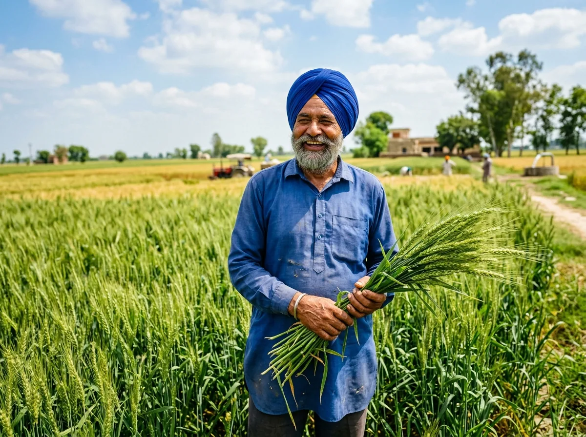 Proud Punjabi farmer in field with healthy crops