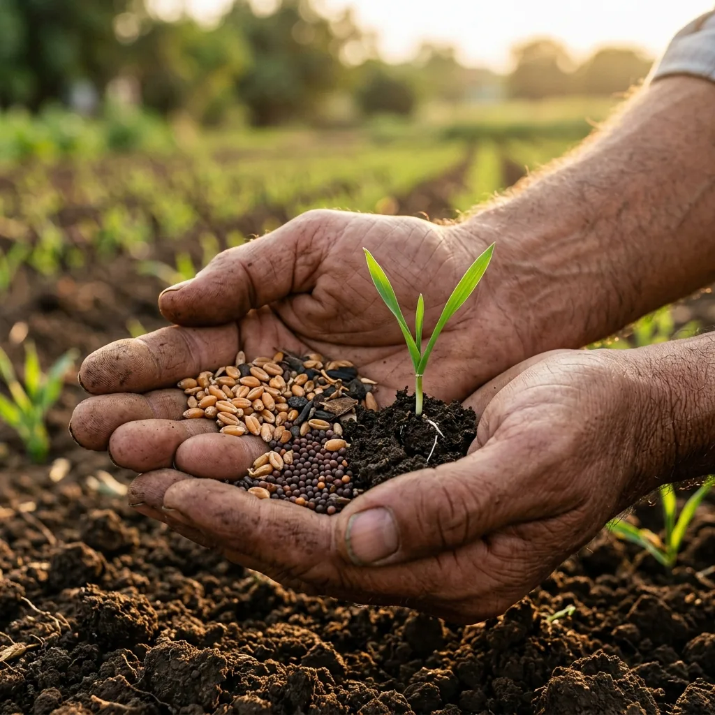 Farmer hands holding certified hybrid seeds and green sprout