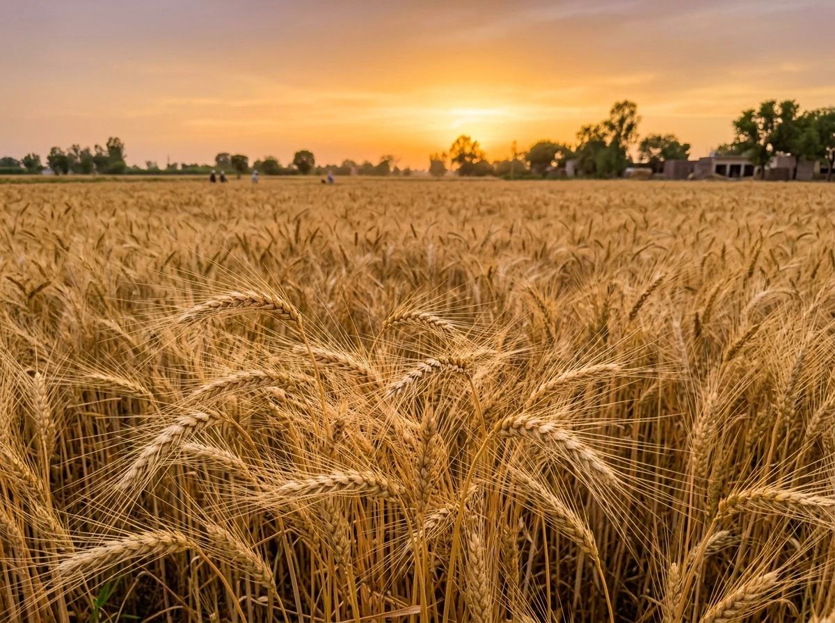 Golden wheat harvest field at sunset in Punjab